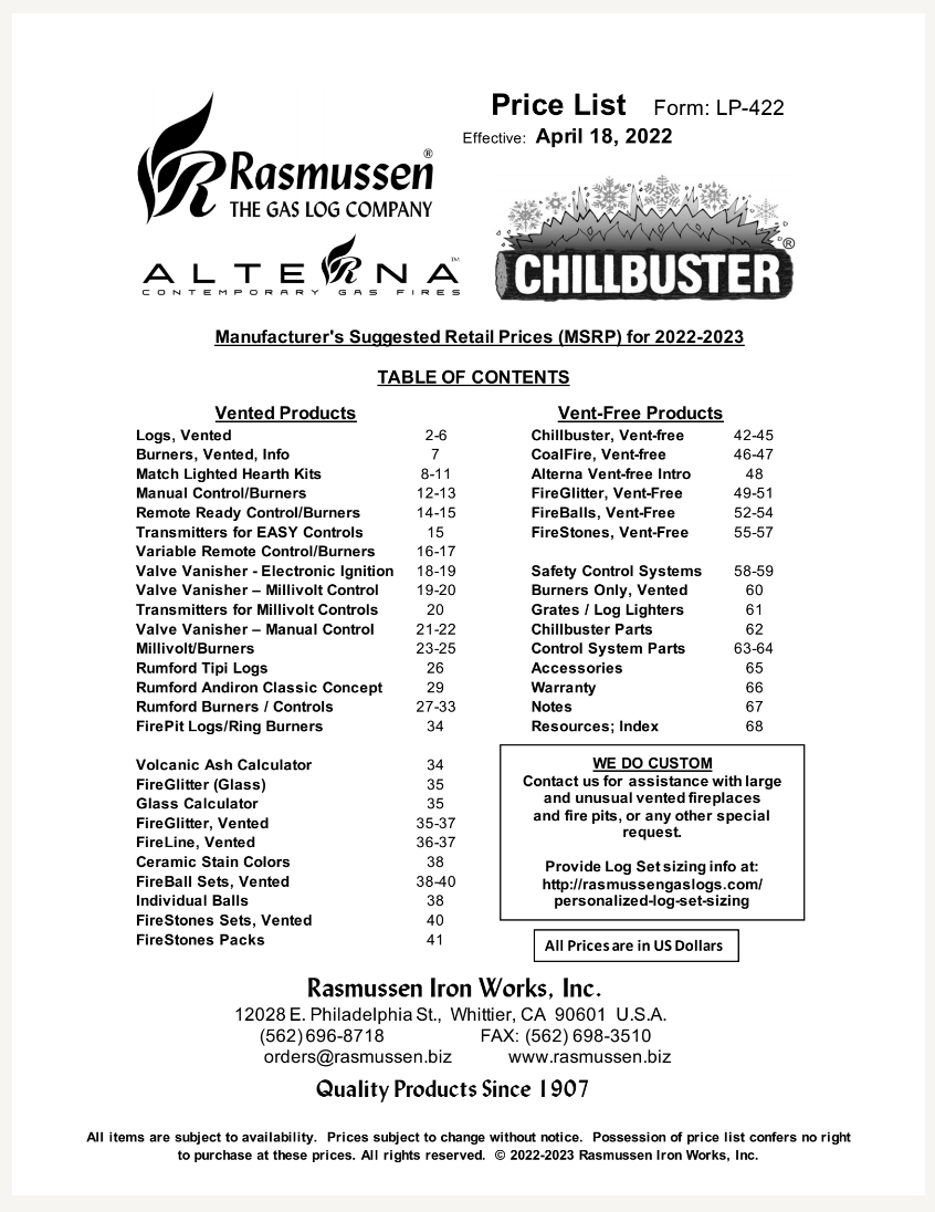 test doc display Rasmussen Gas Logs, Grills, Radiant Patio Heaters